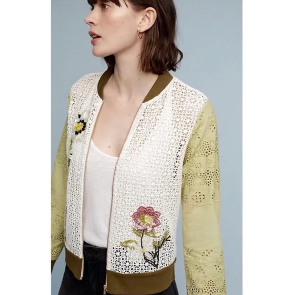 Anthropologie Jackets & Blazers - Anthropologie VARUN BAHL Floral Eyelet Lace Embroidered Bomber Jacket Beaded ~ S